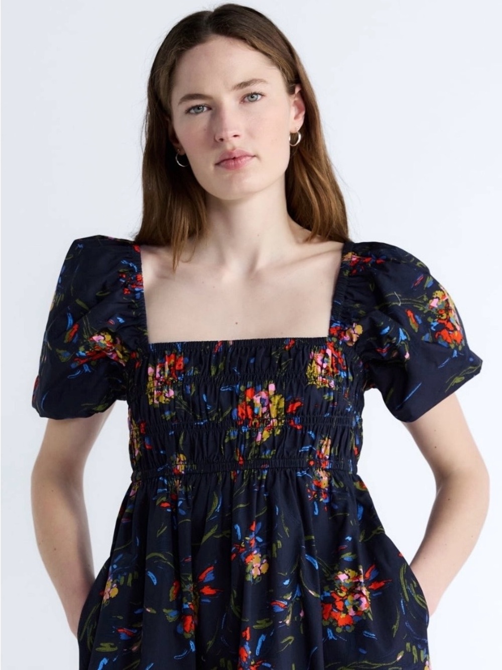 Navy Floral Square-Neck Mini Dress with Smocked Bodice - Picture 5 of 16